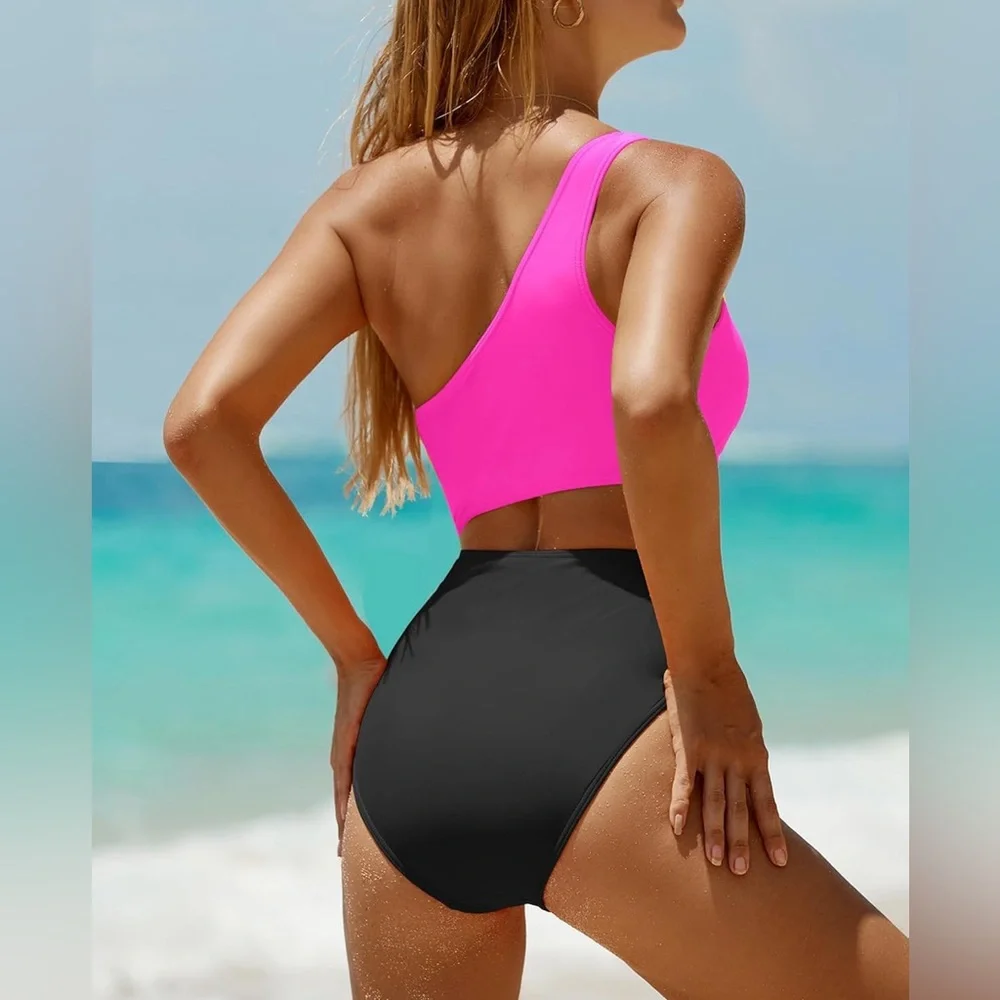 Younique S One Shoulder One Piece Swimsuit‎ Cutout Colorblock High Waist Bikini